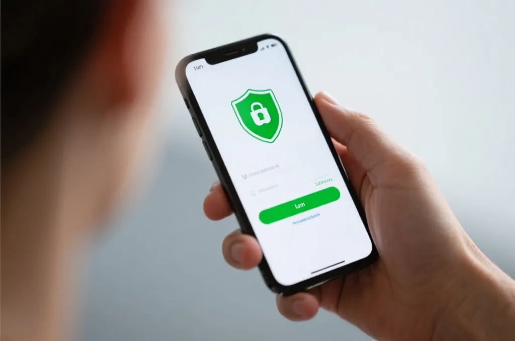 A hand holding a modern smartphone displaying a secure profile page with green shield and verification checkmarks